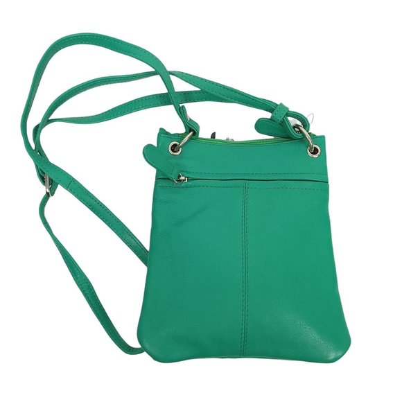 Bacci Crossbody Purse Handbag Adjustable Strap 5 Pocket Card Leather Green - Picture 2 of 9